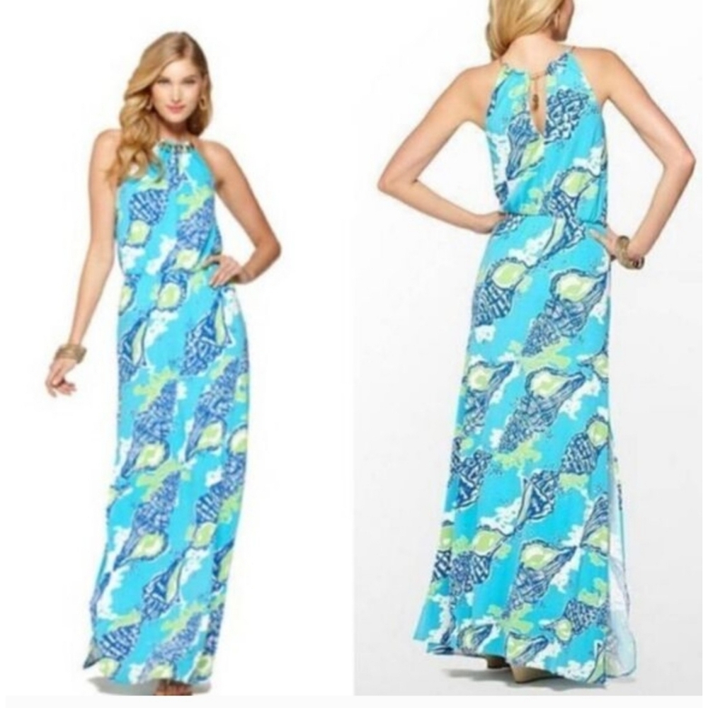 Lily Pulitzer | Inna Shells Print Halter  Maxi Dress - White/Blue/Green